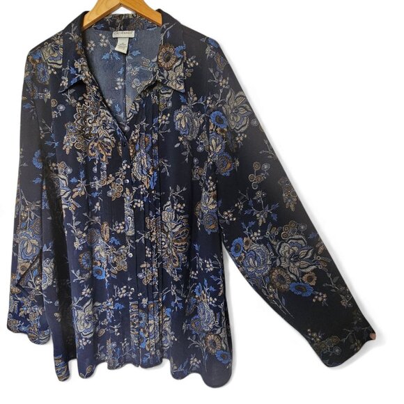 Catherines Button Up Top Size 3X 26/28W Navy Blue Dark Floral Pin Tuck Pleats - Picture 4 of 11